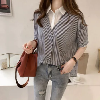 

Blouse Striped V-Neck Office Lady Shirt Buttons Blouse Women Short Sleeve Shirt Blouse Casual Summer Tops Blusas