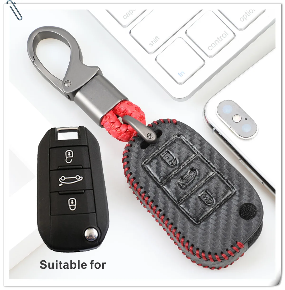 Portachiavi per auto in pelle di carbonio a 3 pulsanti per Peugeot 3008 208 308 508 408 2008 Citroen Protector Cover Holder accessori per auto in pelle - Haff5c0c1c94b4d64929a9fba6d72e25co