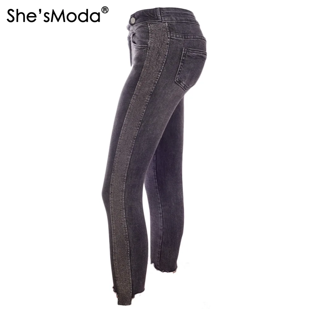 She'sModa, стразы, джинсы, спандекс, ткань, женские, длинные, облегающие, средняя талия, брюки-карандаш