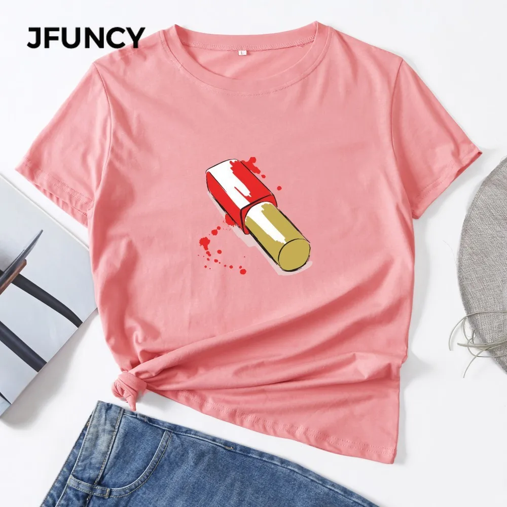 

JFUNCY 2020 Lipstick Printed Women T-shirt Summer Short Sleeve Cotton Casual Tshirt Korean Oversize Woman Tops Lady Basic Shirts