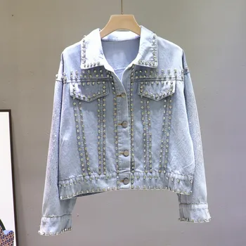 

2020 Autumn New Slim-Fit Denim Cropped Jacket Women's Korean Riveting Nail Hot Drilling Jeans Coat Jackets Student Streetwear