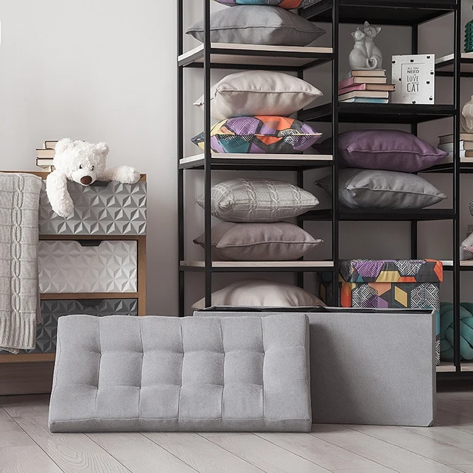 Comprar Caja de almacenamiento multifunción gris grande plegable Delicatex con tapa organizador cómodo otomano niños reposapiés tela pequeña silla sala de estar muebles Tabouret PUF juguetes de almacenamiento con tapa espacio