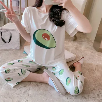 

Korean Sweet Print Women's 2 Pieces Pajamas Sets T-shirt And Pants Pyjamas Sleepwear Set Female Summer Fashion Home Clothes Lady