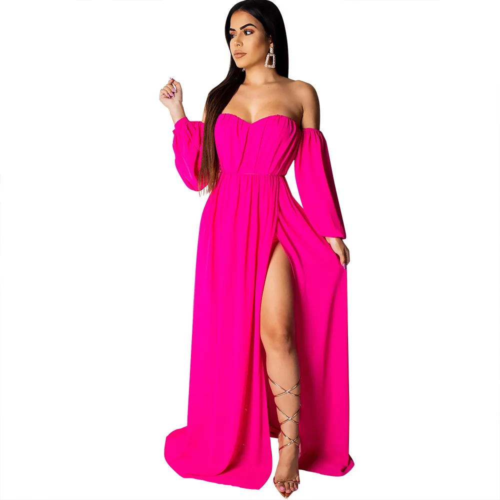 2019 женское шифоновое платье с вырезом длинным рукавом и разрезом по бокам