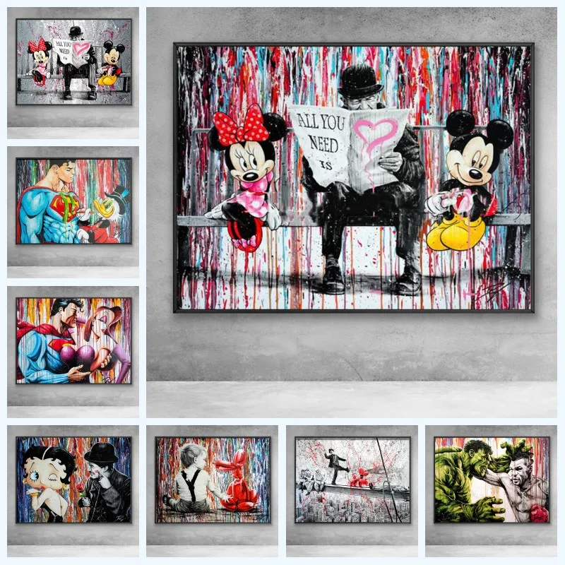 Graffiti Art Disney Funny Mickey Mouse Wall Canvas Printings Posters and Print Pictures Home Decoration Cuadros | Дом и сад