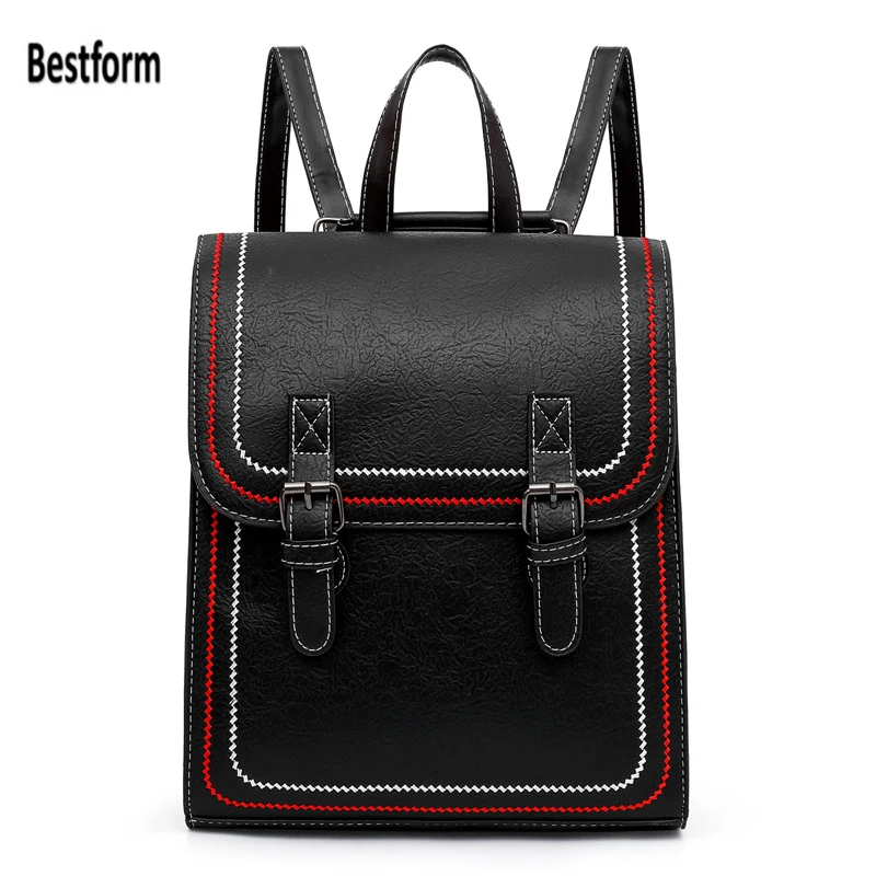 

BESTFORM 2019 Vintage Women Backpack High Quality Pure Color Leather backpack for school teenagers girls bag