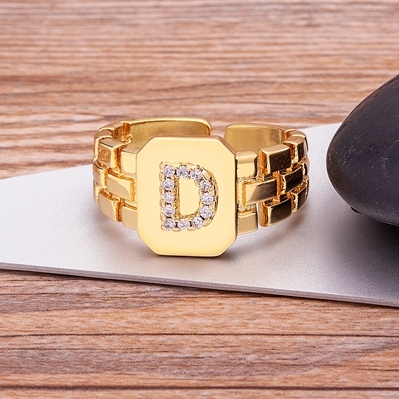 Arrival Fashion Gold Color Initial Ring Open Design Adjustable Hot Sale Watchband Chain A-Z Letters Zircon Rings For Women