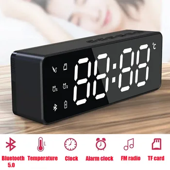 

mini wireless bluetooth 5.0 speaker multi-function mirror alarm clock FM radio TF card temperature display two 18650 battery