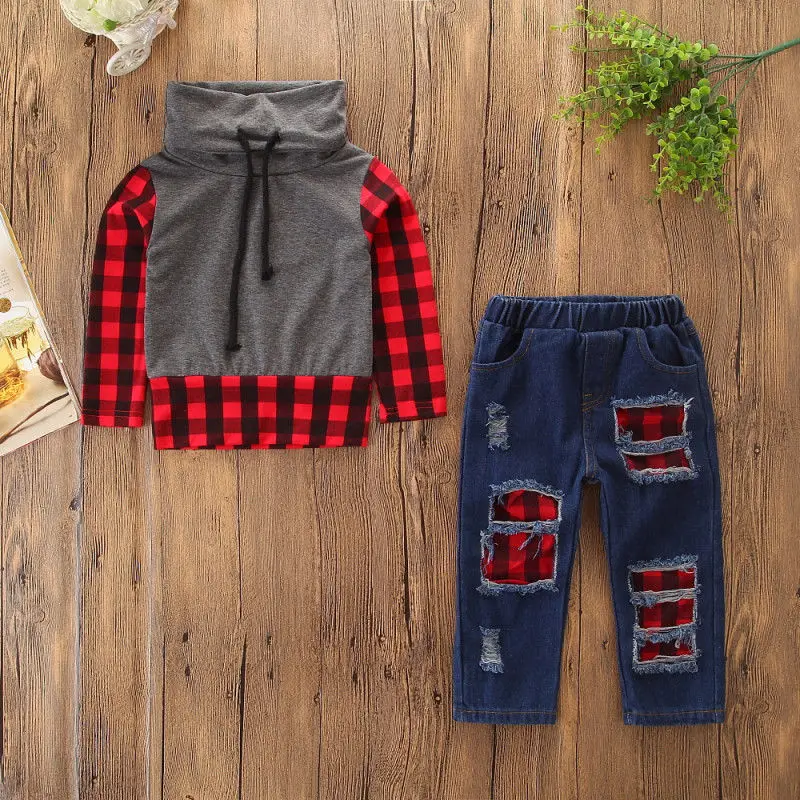 Toddler Kids Baby Boy Plaid Tops Shirt Denim Jeans Pants Leggings Outfit Clothes Autumn New Arrival Fashion Baby Clothes