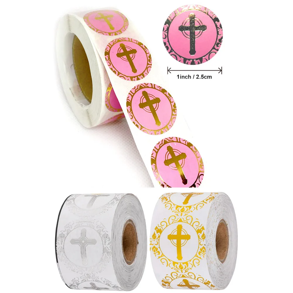 

4 Styles Round Bronzing Religious Christian Cross Stickers for Christening Communion Prayer Occassions Sticker Envelope Labels