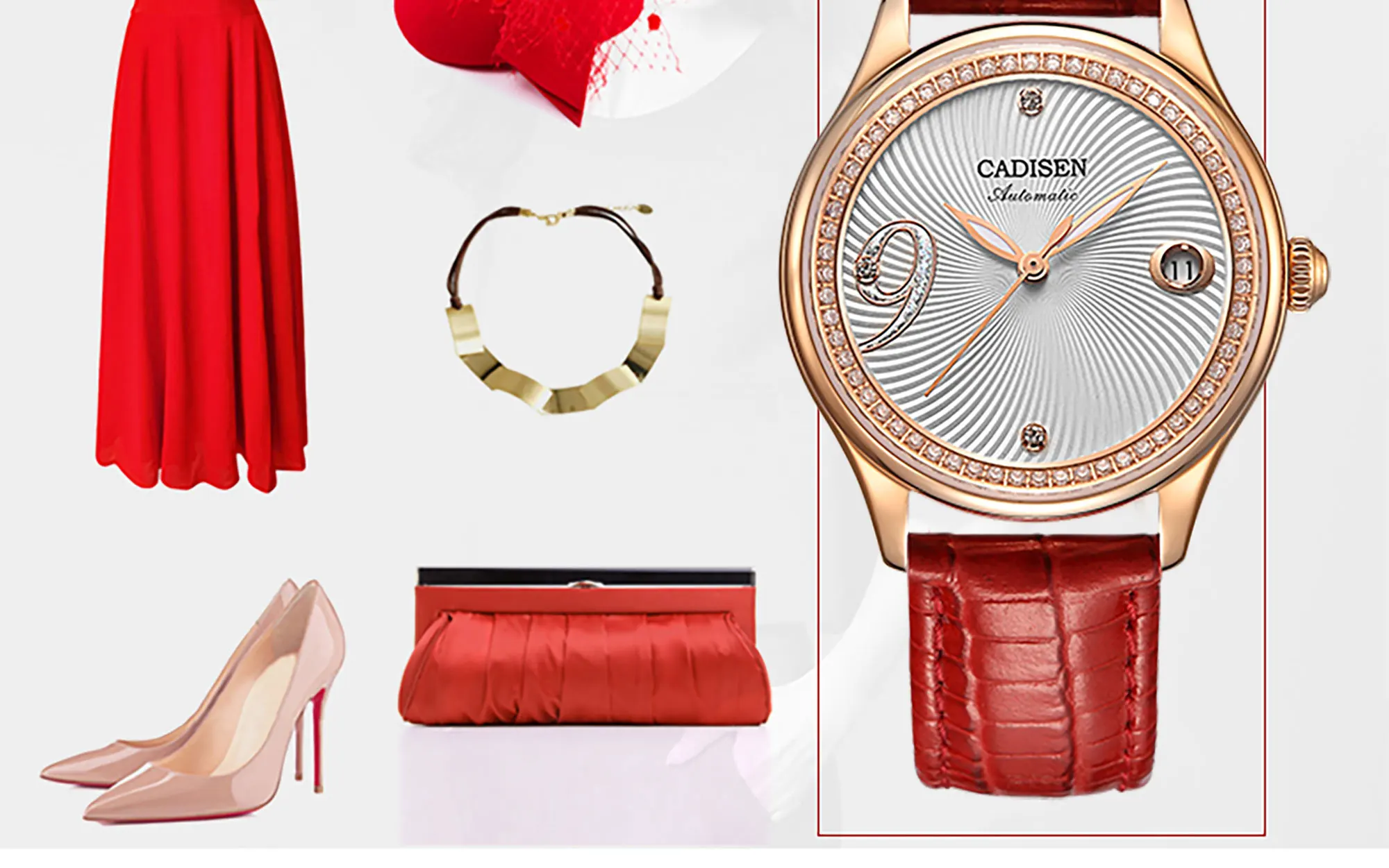 CADISEN новые роскошные женские Автоматические механические часы для отдыха модный элегантный красный, кожаный, для наручных часов 5 АТМ Водонепроницаемый календарь