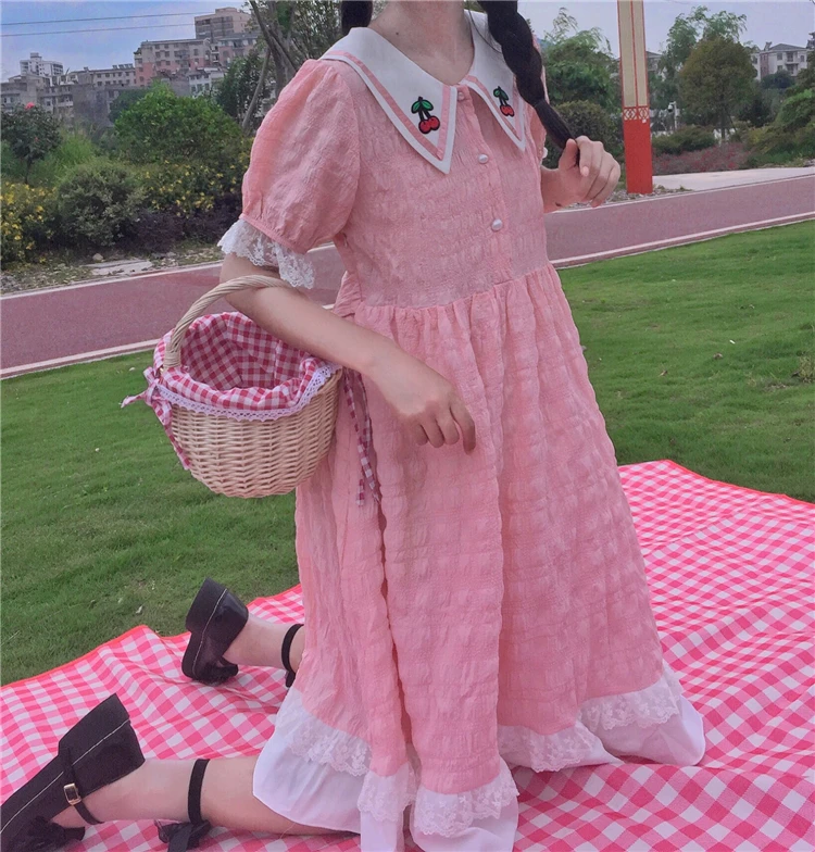 Japanese Preppy Style Sweet Soft Girl Dress Peter Pan Collar Cherry Vintage Puff Sleeve Dress Kawaii Ruffles Cute Girly Dresses