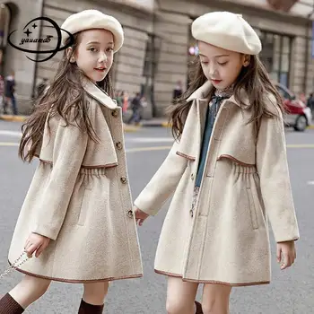 

5-15y Kids Wool Coats Spring Autumn Girls Blends Jackets Clothing Turn-down Collar Long Style Children Outerwear Top Clothes H91