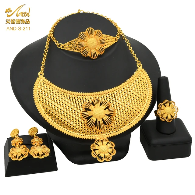 Indian Jewelry Set Wedding 24k Gold Color African Jewelry Dubai Bridal Sets Nigerian Necklace Bracelet Earring Gold Jewellery S-211-Gold