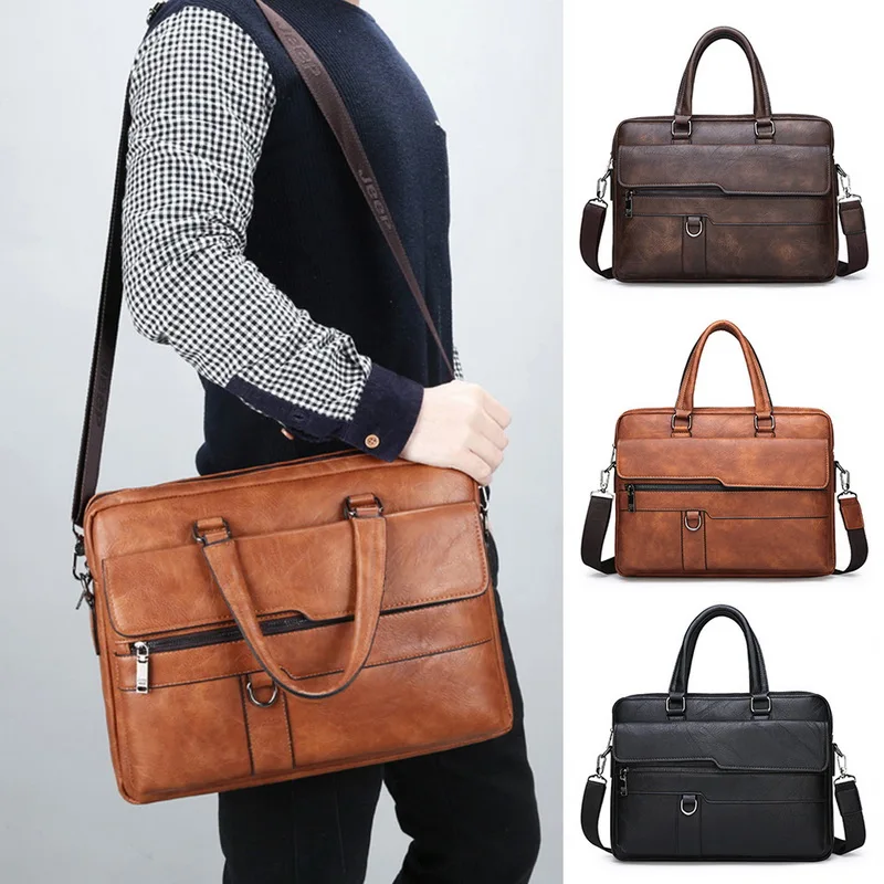 New Retro Men Solid Color Bag Faux Leather Briefcase Large Capacity Tote Shoulder Casual Business Laptop |
