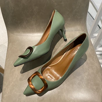 

Genuine Leather Spring Autumn Women Pumps Pointed Toe Slip-On Single Shoes High Heels Office Ladies Shallow Footwear Female