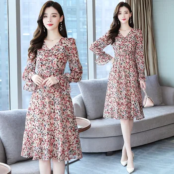 

2020 Autumn Clothing New Style Slim Fit Slimming Elegant Waist Hugging V-neck Mid-length Sweet Floral Chiffon Base Dress