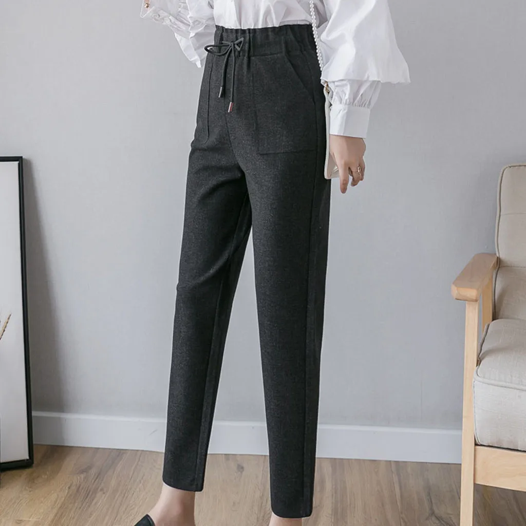 Новые женские прямые брюки классические черные длинные брюки офисные женские осенние повседневные брюки с эластичной талией тонкие флисовые брюки плюс размер