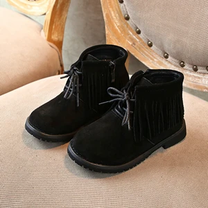 Claladoudou/16,5-19 см; брендовые модные ботинки с бахромой для девочек; высококачественные ботильоны для девочек; Осенняя кожаная обувь принцессы - Цвет: Черный