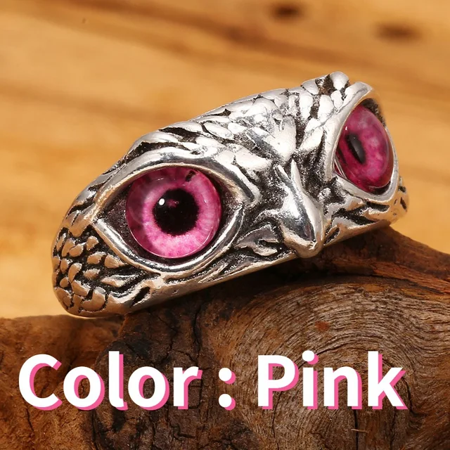 YADELAI Charming Fashion Owl Ring Vintage Man and Women Alloy Blue Eyes Owl Ring Versatile Argent  Adjustable Creativering Ring 6564 pink eyes