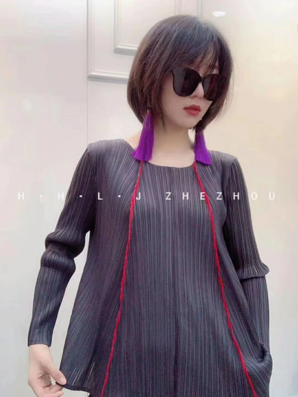 Miyake fashion suit fold o-neck long sleeve T-shirt+ nine points Harem pants two-piece outfit IN STOCK