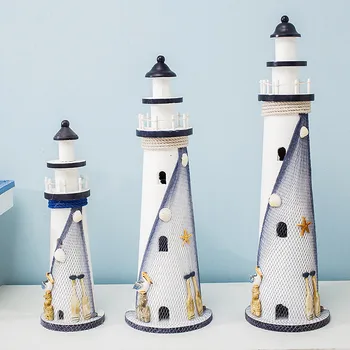 

Stripe Lighthouse Simulation Model Mediterranean Wooden Handicraft Home Decorations Creativity Marine Style Decor Arts and craft