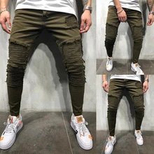 OLOME Army Green Pleated Skinny Jeans Men Stretch Moto Biker Jeans Pencil Pants Mens Denim Joggers Streetwear Jeans for Men