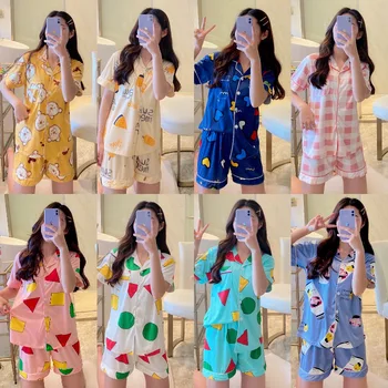 

2020 New Style Spring And Summer Pajamas Women'S Cardigan Fold-Down Collar Short Sleeve Shorts Loose Casual Homewear Set