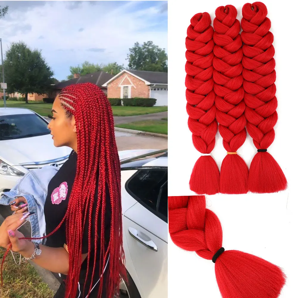 LIHU-extensiones de cabello sintético para mujer, pelo trenzado de 82 Jumbo pulgadas, preestirado, 165g, color rojo, de fibra de baja temperatura