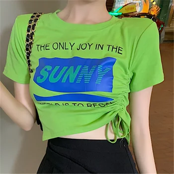 

Summer Fashion Short Sleeve Solid T-shirt Women Street Fashion Teens Girl Crop Top Harajuku Summer Korean Print Casual HH50DX