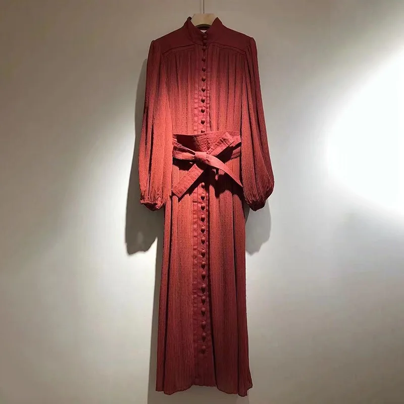 

Goodlishowsi Autumn Elegant Chiffon Dress Pure Color Stand Collar Puff Sleeve Lace Up Robe Midi Pleated Dresses 3 Colors