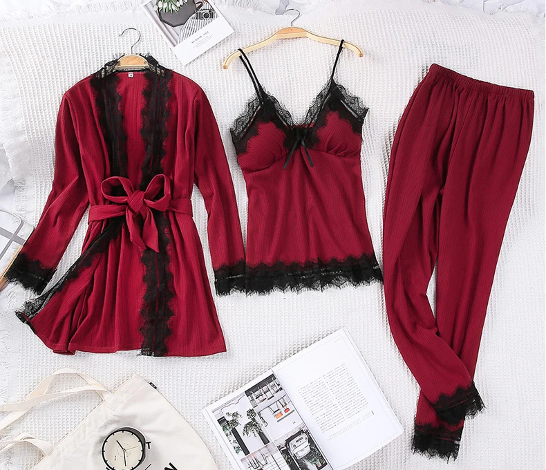 Queenral 3PCS Pyjama Femme Long Sleeve Pijama  For Women Sleepwear Set Home Clothes Pajamas Sets Sexy Lace Robe Pajamas         7