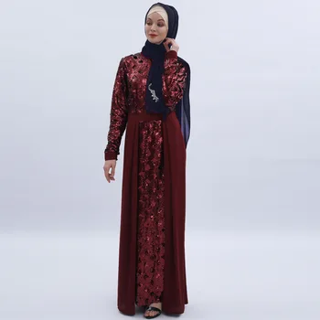 

Burgundy Muslim Clothes For Women Full Sleeve Abaya Dress Beads Sequins Moroccan Kaftan Gown O-neck Large Size Long Robe Gown