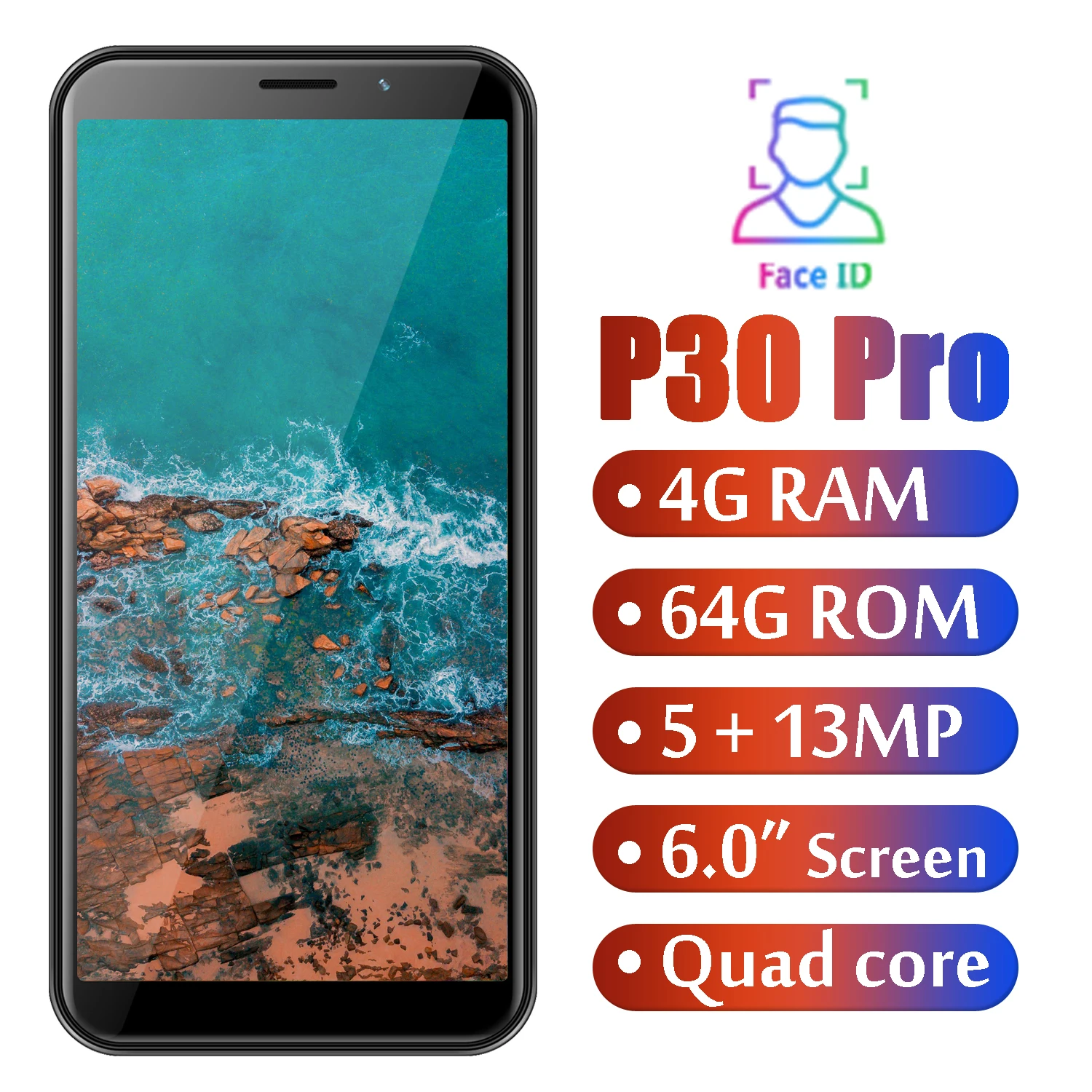 P30 Pro смартфон с 6 дюймовым дисплеем четырёхъядерным процессором MTK 5 Мп + 13 МП 4 Гб 64