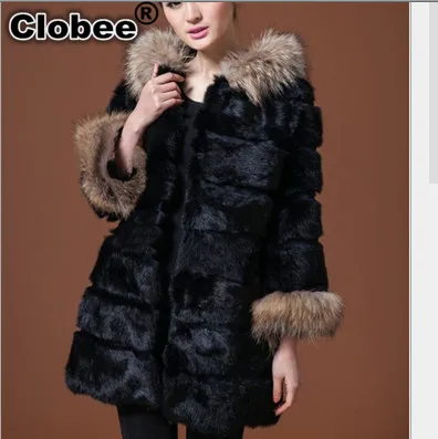 Outwear Women Winter Fluffy Gorgeous Long Female Black Faux Fur Coat Casaco Feminino Hooded Fox Fur Coat V564