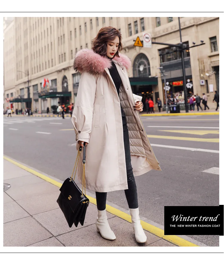 Winter Mid-length over-the-Knee Hooded Thick down Jacket Korean-style Waist Hugging Lace-up Loose-Fit Down Jacket Women's