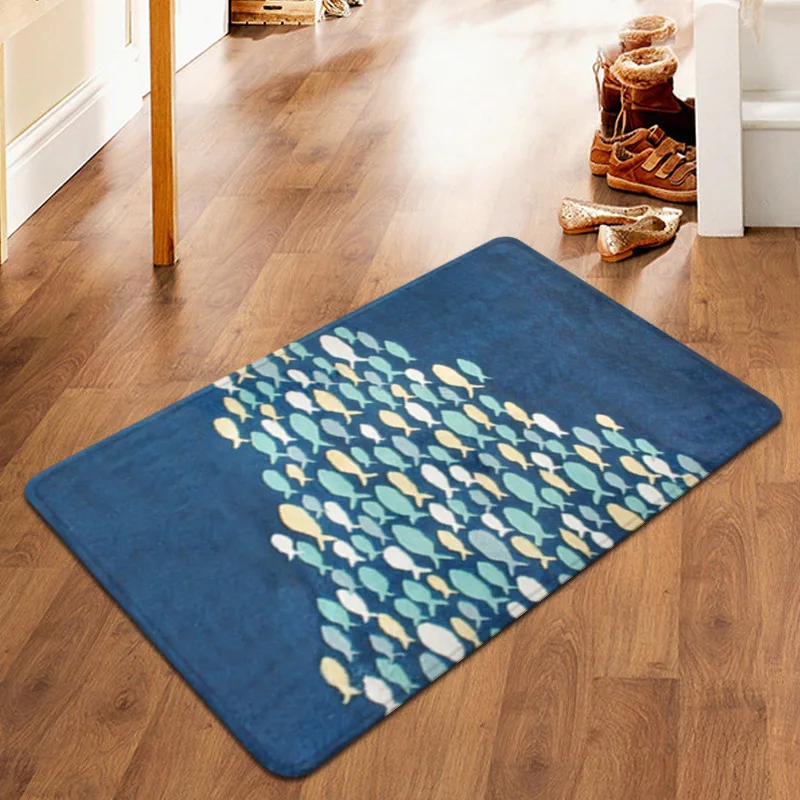 Blue School of Fish Door Entrance Mat Toilet Bathroom Kitchen Doorway Anti-slip Water-Absorbing Mat
