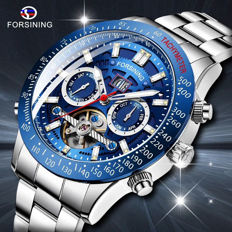 

Forsining Fashion Machanical Watches Automatic Male Clock Stainless Steel 2 Dial Tourbillon Week Date Casual Mens Wrist Watch