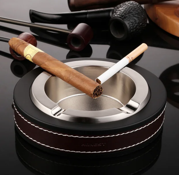

High-end Luxury Metal Cigar Ashtray Home Office Table Decoration Stainless Steel Quality Leather KTV Bar Cigarette Ashtray LF279