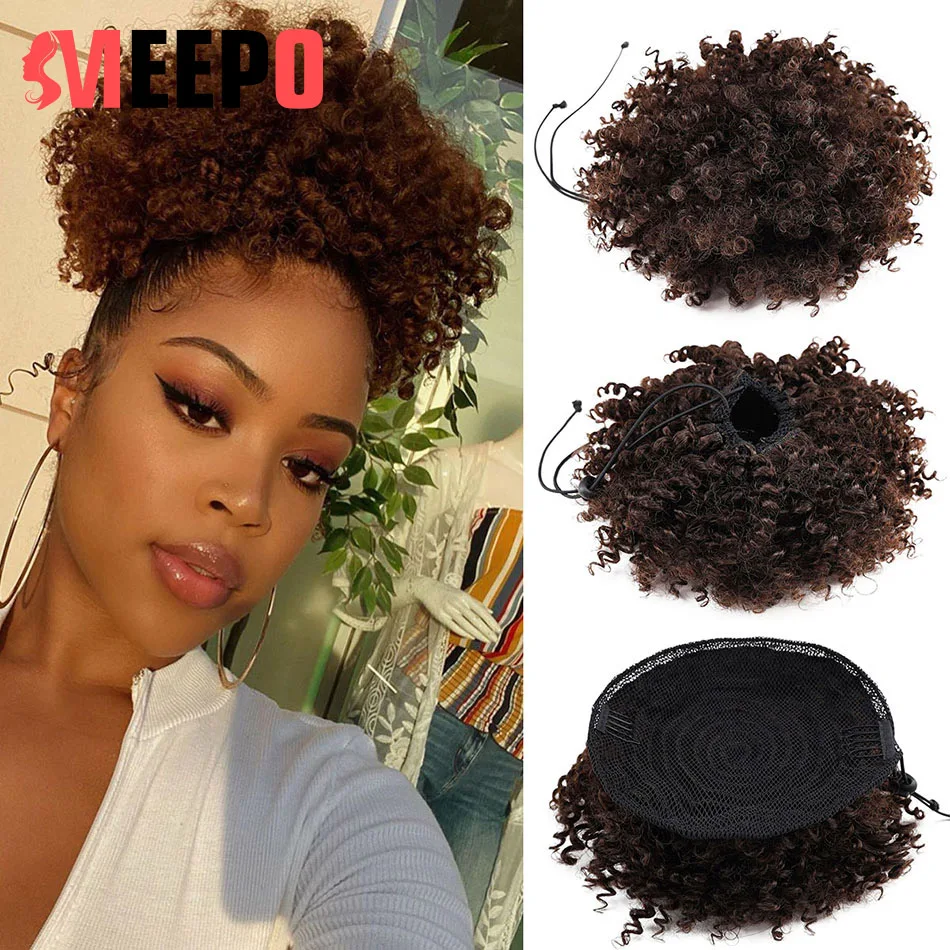 

MEEPO Synthetic New Curly Hair Bun Claw Clip Ponytail Hair Extensions 8Inch Drawsting Short Ponytail Fluffy Afro Short HairBuns