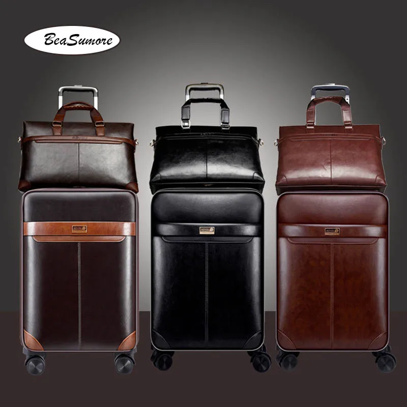 BeaSumore Men Business PU Leather Rolling Luggage Set Spinner 24 inch Retro Wheel Suitcases 20 inch Cabin password Trolley