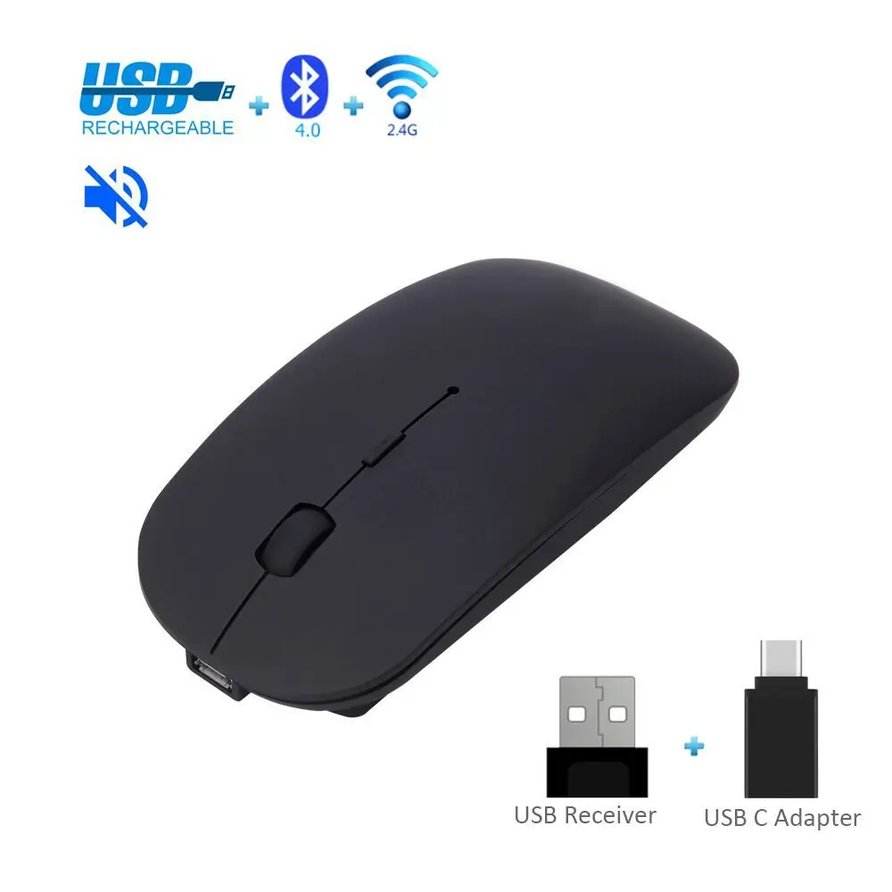 Wireless Mouse Bluetooth Mouse Mute 10m Charging Ergonomic Mouse Notebook Flat Ultra Thin USB Mouse 4.0+2.4G+type-c mouse Black 