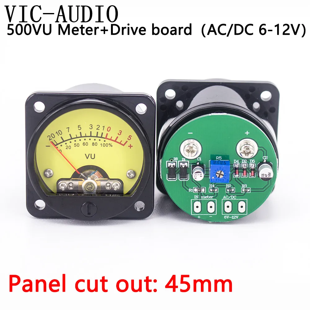 Pannello Da 45Mm Vu Meter 500Vu Con Retroilluminazione Giallo Caldo Misuratore Di Pressione Sonora + Vu Level Audio Meter Driver Board Dc/Ac 6-12V Inp