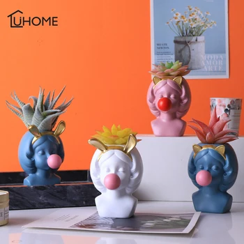 

Color Bubbles Girl Vase Flower Pot Cute Rabbit Cat Girls Head Flower Vases Storage Box Pen Brushes Holder Home Decoration Crafts