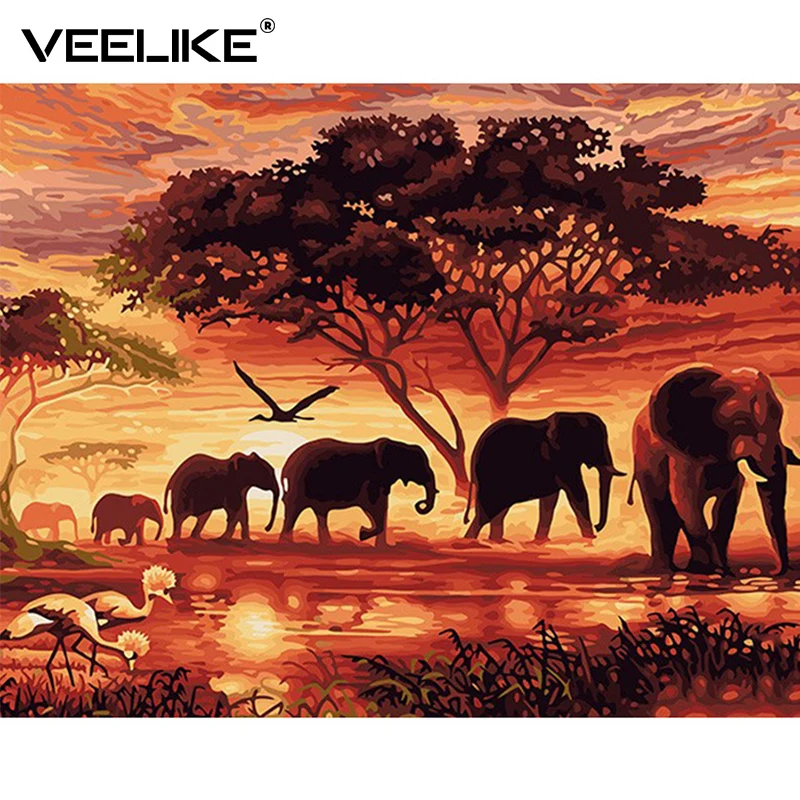 

DIY The Sunset Elephant Animal Prints Poster Canvas Oil Painting by Numbers Hand Painted Wall Pictures for Living Room Wall Art