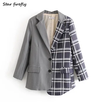 

Star firefly fashion elegant blazer female 2020 spring new casual loose irregular stitching lattice pocket suit women