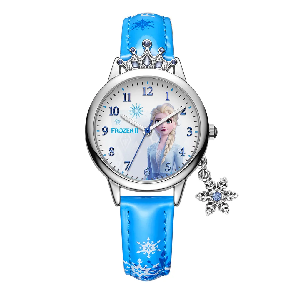 blue- opp pack Детские часы disney, роскошные детские наручные часы принцессы, детские красивые короны, стразы, подвеска в виде снега, наручные часы для девочек из искусственной кожи - Цвет: blue- opp pack