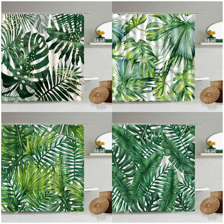 

Tropical Plants Shower Curtains Sets Monstera Banana Palm Leaf Green Watercolor Leaves Modern Bathroom Decor with Hooks Fabric