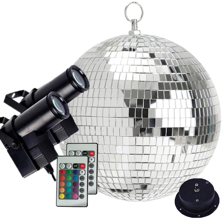 

Thrisdar Dia25CM 30CM Rotating Disco Mirror Ball With 2PCS Remote Control RGB Beam Pinspot Lamp Party Disco Ball Stage Light