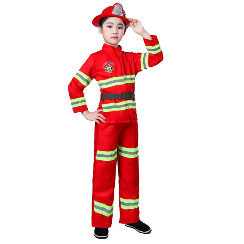 

Carnival Toddler Children Boys Firefighter Sam Cosplay Costumes Halloween Party Wear Red Fireman Set with Helmet Ax Toys